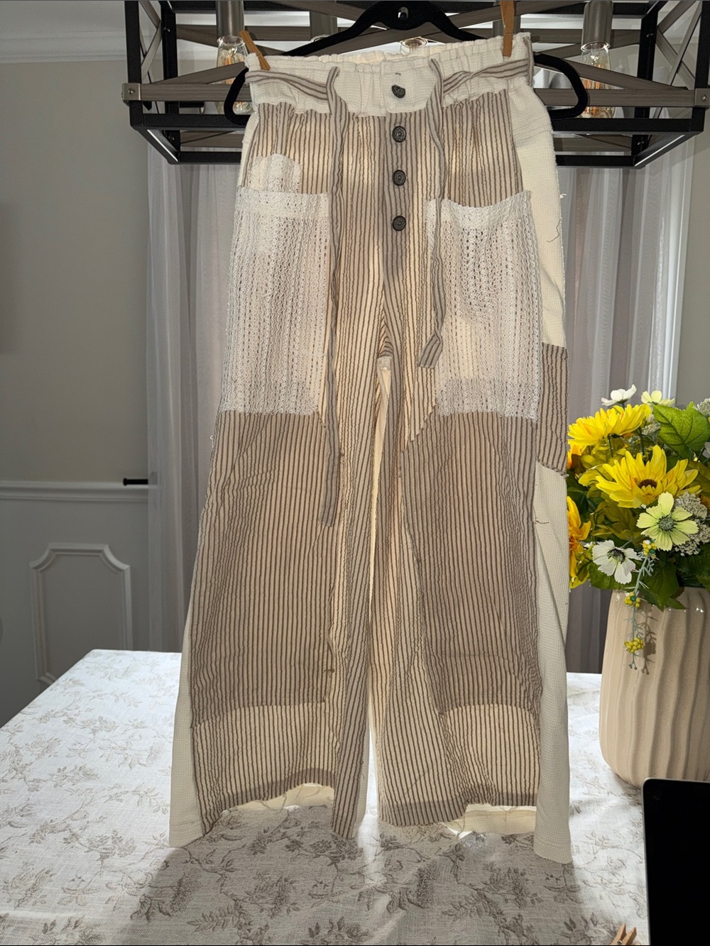 POL Striped Wide-Leg Drawstring Pants in Cream and Tan